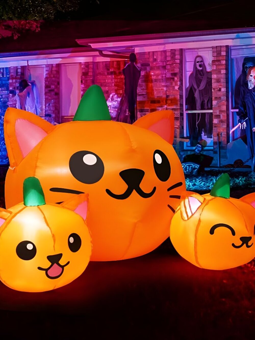 Halloween Inflatable 5FT Long Three Pumpkin Cat Head Combo with Built-in LEDs